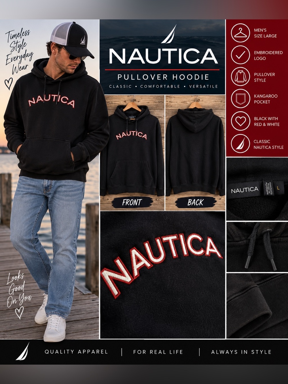 Nautica Men’s Black Logo Pullover Hoodie Sweatshirt Size Large L